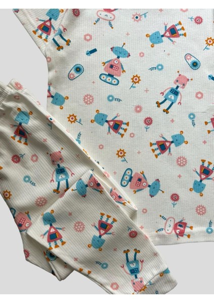 Kız Çocuk Pamuklu Çiçek Robot Desenli Fitilli Kısa Kollu Yazlık Pijama Takımı fiyatları