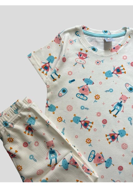 Kız Çocuk Pamuklu Çiçek Robot Desenli Fitilli Kısa Kollu Yazlık Pijama Takımı modelleri
