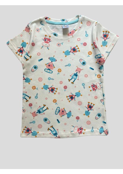 Kız Çocuk Pamuklu Çiçek Robot Desenli Fitilli Kısa Kollu Yazlık Pijama Takımı indirimleri