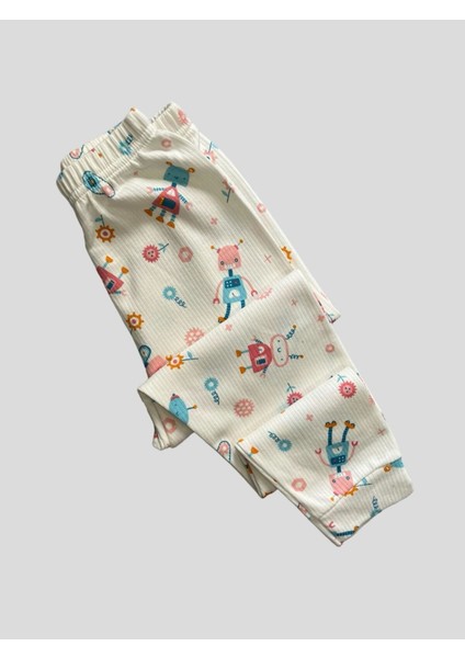 Kız Çocuk Pamuklu Çiçek Robot Desenli Fitilli Kısa Kollu Yazlık Pijama Takımı