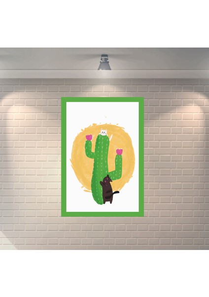 Kaktüs Yeşil Kedi Dekoratif Ahşap Poster