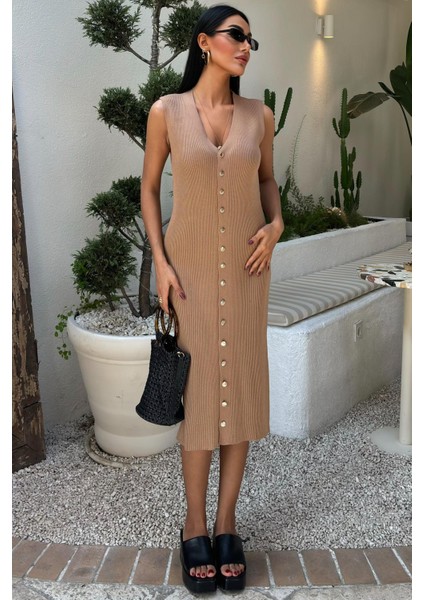 Kadın Camel Fitilli Örme Kolsuz Uzun Elbise