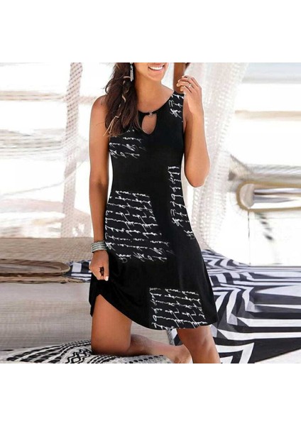 Kadın Kolsuz Halka Detay Mektup Desenli Mikro Elbise