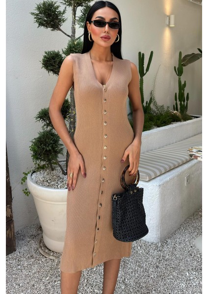 Kadın Camel Fitilli Örme Kolsuz Uzun Elbise modelleri