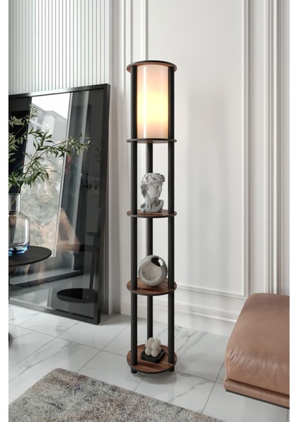 Estantes Yuvarlak Dekoratif Raflı Lambader Ceviz