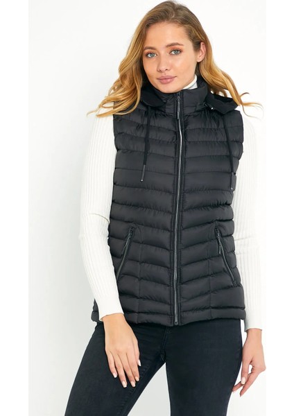 Kadın Siyah Şişme Yelek Kapüşon Içi Polarlı 5001