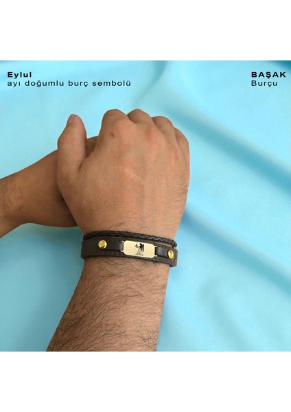 14 Ayar Altın Plakalı Başak Burçları Için Kahverengi Derili Oval Motifli Hediye BILEKLIK-602BURÇ