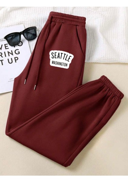 Rahat Kalıp Paça Lastikli Cepli Seattle Baskılı Jogger Alt Eşofman