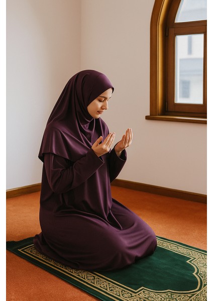 Tek Parça Başörtülü Düz Renk Kadın Tesettür Namaz Elbisesi