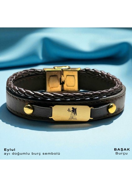 14 Ayar Altın Plakalı Başak Burçları Için Kahverengi Derili Oval Motifli Hediye BILEKLIK-602BURÇ fiyatları