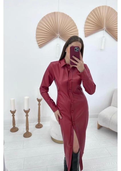 Kırmızı Boydan Düğmeli Deri Elbise modelleri