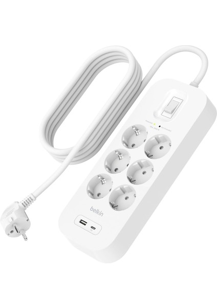 6'lı Yüksek Gerilim Korumalı Çoklu Priz, Hızlı Şarj Için Usb-C ve Usb-A Bağlantısı 650 Jul Koruma 2m, Beyaz