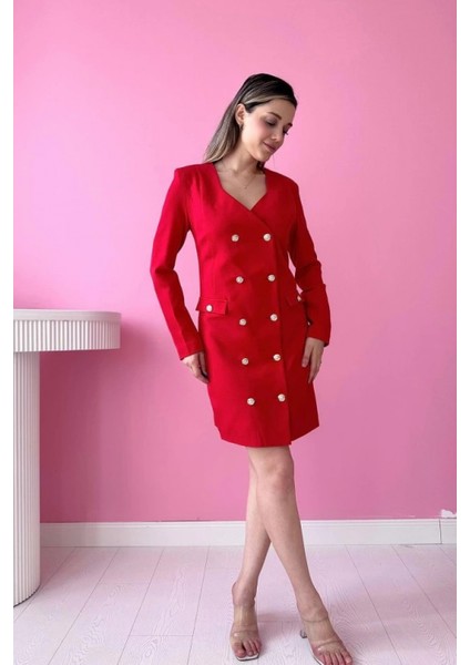 Kırmızı Gold Düğmeli Ceket Elbise fırsatları