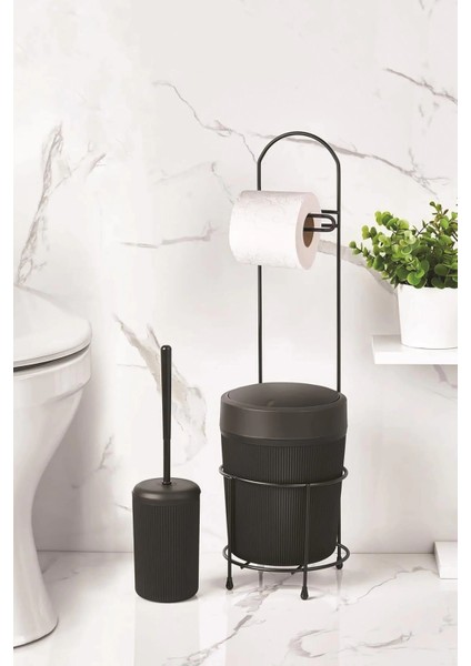 Metal Standlı Yuvarlak Kovalı & Kağıtlıklı & Fırçalıklı Siyah Banyo Takımı fiyatları