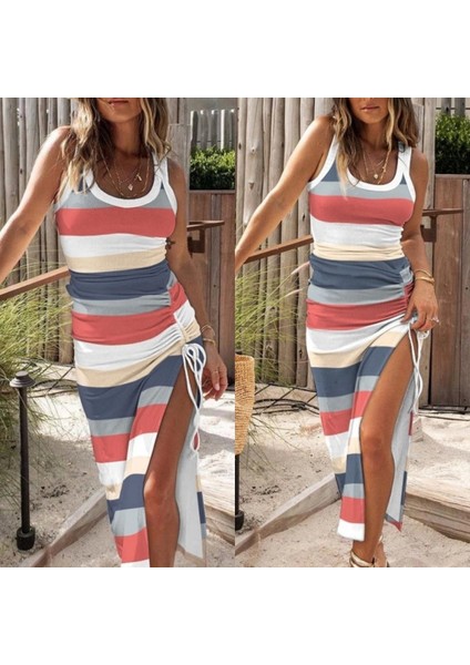 Kadın Şerit Desenli Büzgü Yırtmaçlı Elbise fiyatları