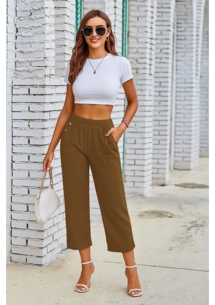 Kadın Beli Lastikli Kapri Keten Pantolon