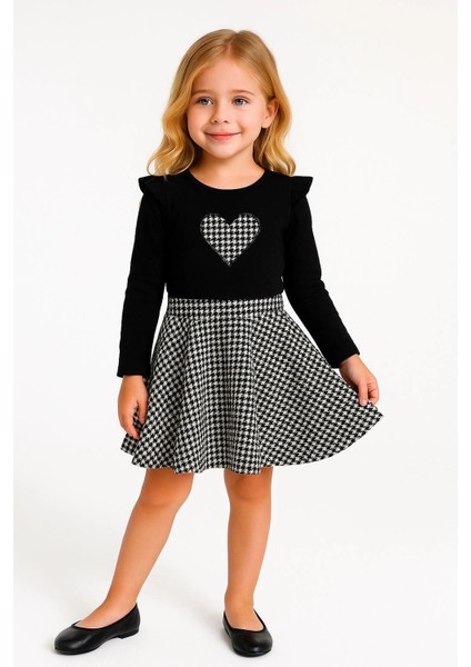 Ekoseli Kalp Nakışlı Etekli Kız Çocuk Takım 20455