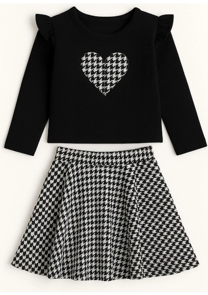 Ekoseli Kalp Nakışlı Etekli Kız Çocuk Takım 20455 modelleri
