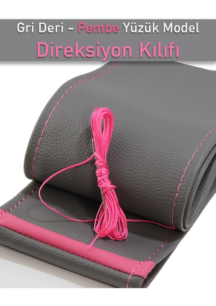 Bmw 5 Gri Özel Süper Deri Pembe Yüzüklü Dikişli Direksiyon Kılıfı
