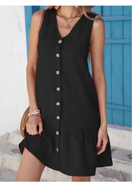 Kadın Kolsuz V Yakalı Önden Düğmeli Fırfırlı Narin Elbise indirimleri