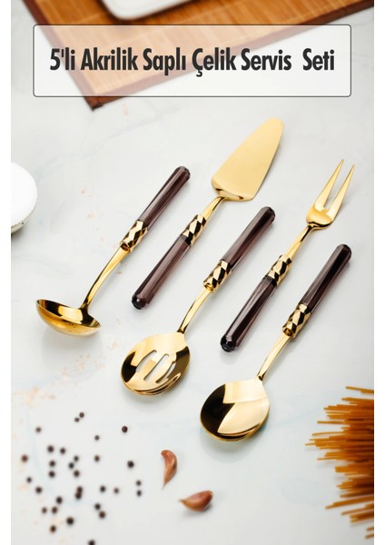 5 Parça Gold Servis Seti & Servis Sunum Seti Füme ( Kepçe / Kevgir / Sıpatula / Çatal / Kaşık )