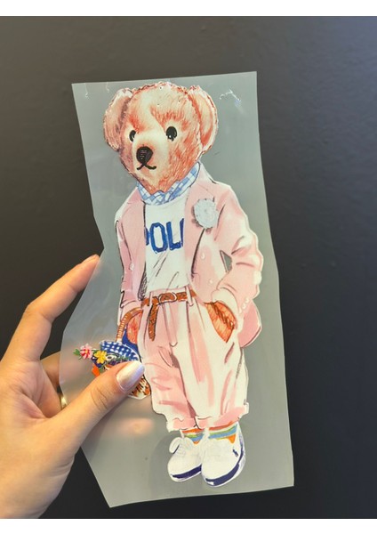Ütü Ile Yapışan Pembe Giyimli Ayı Transfer Baskı Arma 24X12 cm