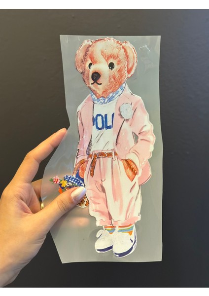 Ütü Ile Yapışan Pembe Giyimli Ayı Transfer Baskı Arma 24X12 cm modelleri