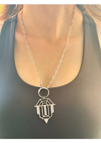 Zirkon Taş Işleme Halkalı Tasarım Unisex Çelik Kolye 30 cm