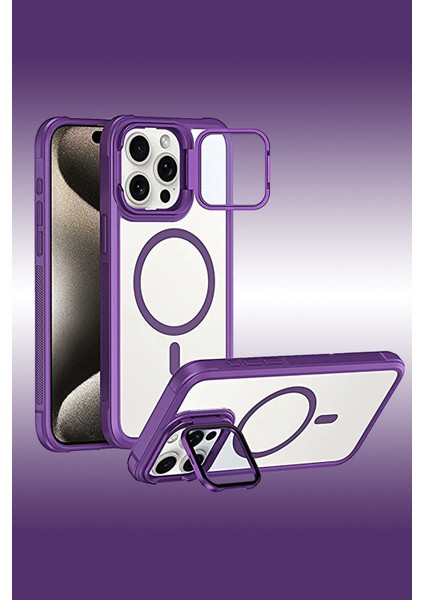 iPhone 11 Pro Max Uyumlu Standlı Kamera Kısmı Cam Korumalı Arkası Mat Renkli Magsafe Kılıf