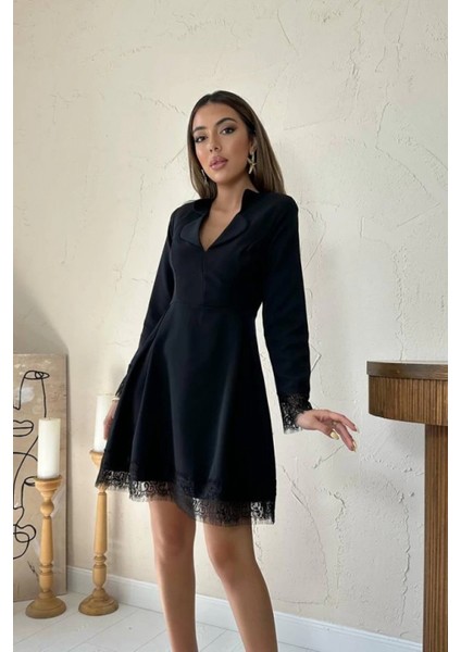 Siyah Dantelli Kruvaze Yaka Elbise fiyatları