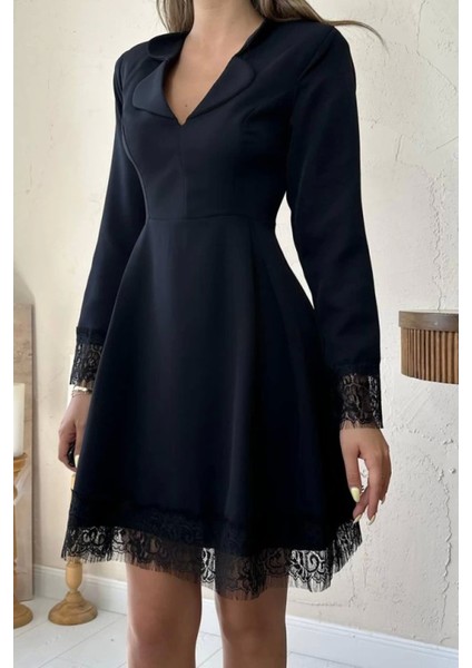 Siyah Dantelli Kruvaze Yaka Elbise fırsatları