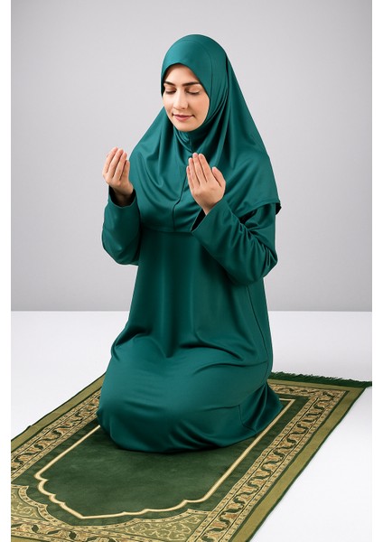 Tek Parça Başörtülü Düz Renk Kadın Tesettür Namaz Elbisesi