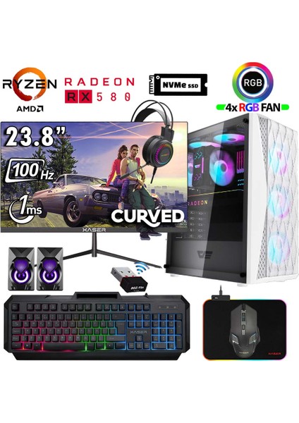 XSR1195 Ryzen 5 5500 32GB Ram 1tb M.2 Nvme SSD 8gb RX580 23.8" 100Hz Curved Masaüstü Oyuncu Bilgisayarı
