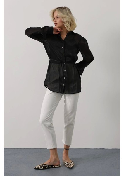 Uzun Kol Siyah Belden Bağlamalı Gömlek modelleri