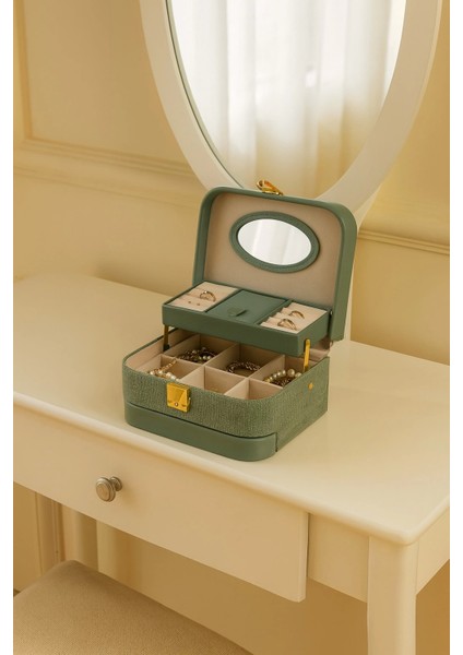 Otomatik Açılır Kapanır Kilitli 2 Çekmeceli Takı Bijuteri Mücevher Kutusu Organizer Düzenleyici Yeşil Ithal Ürün fiyatları