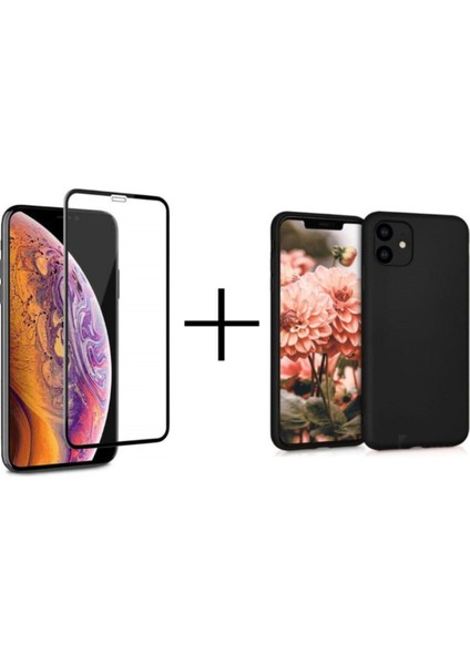 Iphone 11 Tam Kaplayan 9d Kırılmaz Cam ve Sert Plastik Siyah Kılıf 2'li Set
