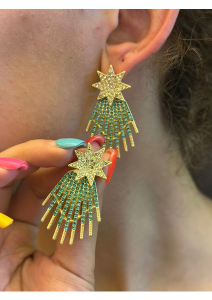 Turkuaz Zirkon Taşlı Yıldızlı Çelik Kadın Küpe