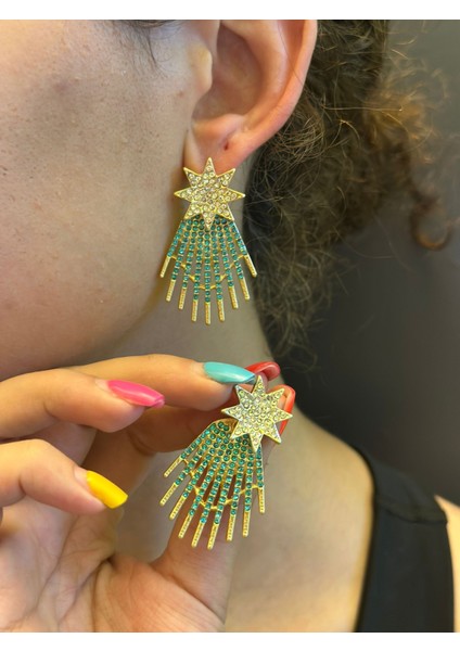 Turkuaz Zirkon Taşlı Yıldızlı Çelik Kadın Küpe modelleri