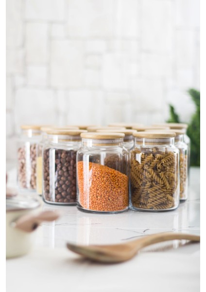 12 Lü Set Bambu Kapaklı Cam Kavanoz & Erzak Saklama Kabı 800 ml Orta Boy ( Vakum Kapak ) modelleri