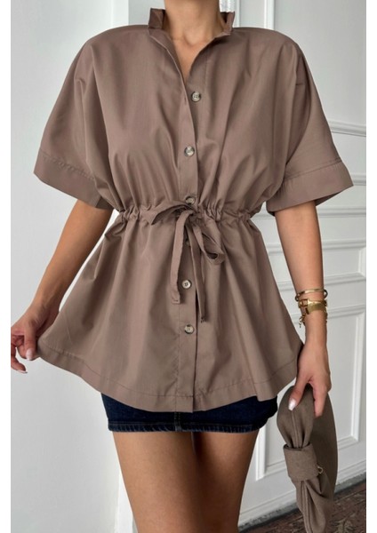 Bel Büzgü Detaylı Poplin Gömlek - Kahverengi