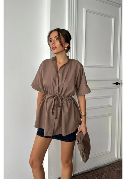 Bel Büzgü Detaylı Poplin Gömlek - Kahverengi fiyatları
