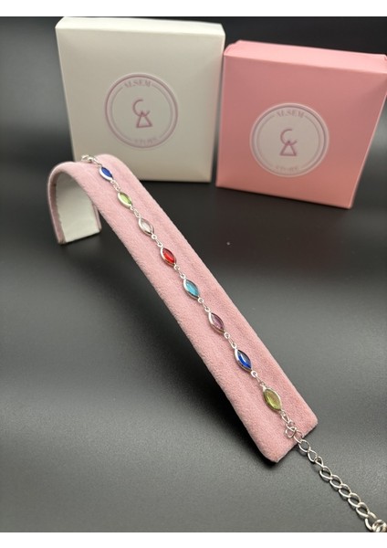 925 Ayar Gümüş Kaplama Renkli Taşlı Kadın Bileklik , El Yapımı Renkli Taşlı Kadın Bileklik