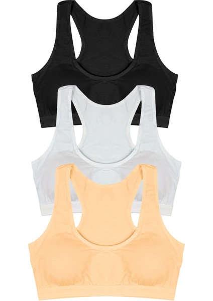 Kız Çocuk Büstiyer 3'lü Kalın Askılı, Sporcu Kesim, Pedli (%96 Pamuk - %4 Elastan)