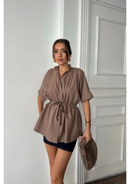 Bel Büzgü Detaylı Poplin Gömlek - Kahverengi modelleri
