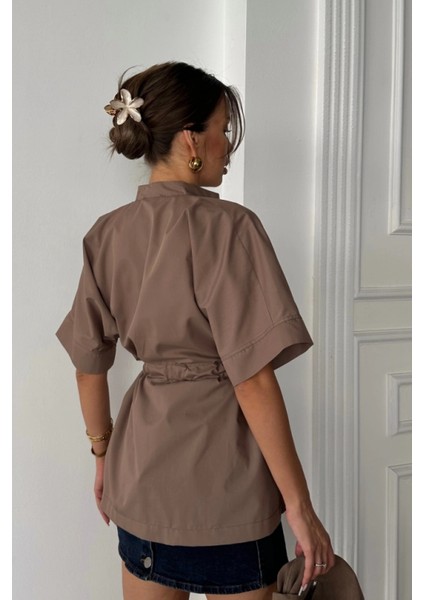 Bel Büzgü Detaylı Poplin Gömlek - Kahverengi fırsatları