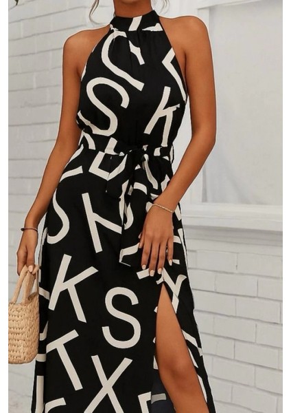 Kadın Omuzlardan Açık Halter Yakalı Yırtmaçlı Çiçek Desenli Süprem Elbise