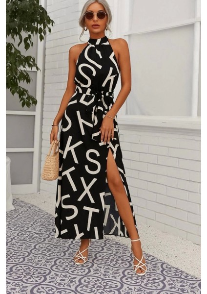 Kadın Omuzlardan Açık Halter Yakalı Yırtmaçlı Çiçek Desenli Süprem Elbise modelleri