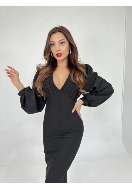 Siyah V Yaka Uzun Elbise modelleri
