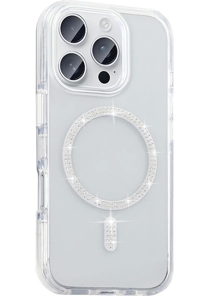 Apple iPhone 16 Pro Kılıf Taşlı Tasarım M-Safe Şarj Özellikli Redclick Koment Silikon Kapak