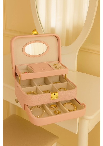 Otomatik Açılır Kapanır Kilitli 2 Çekmeceli Takı Bijuteri Mücevher Kutusu Organizer Düzenleyici Pembe Ithal Ürün